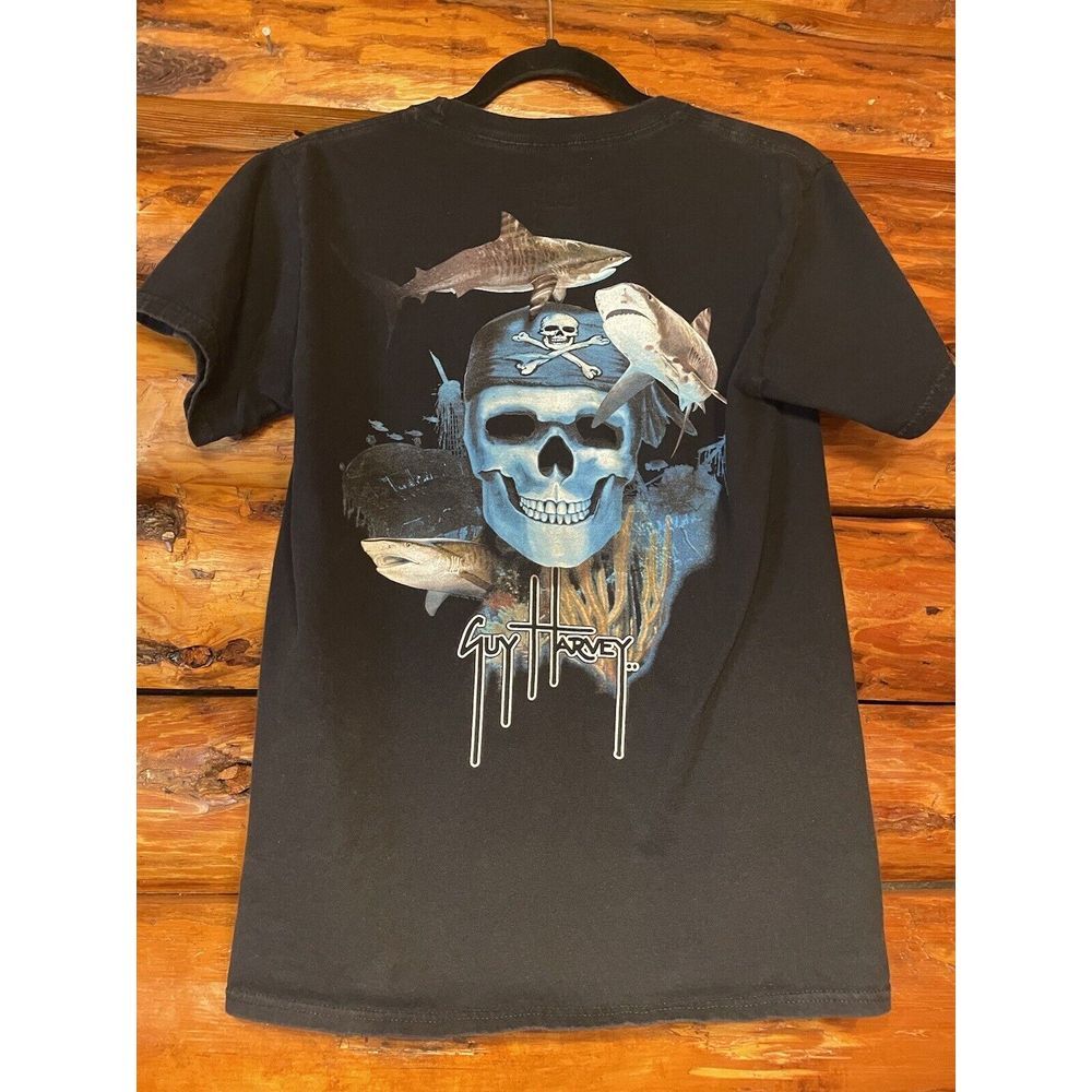 Guy Harvey Black Short Sleeve Shirt Sharks‎ With Skull Size Small